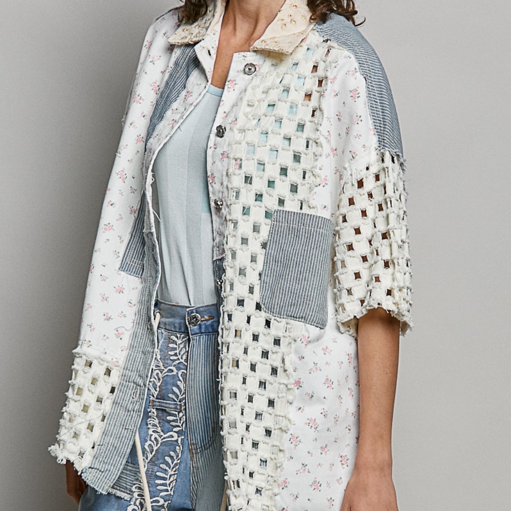 POL Mixed Media Patchwork Button Down Boho Shirt